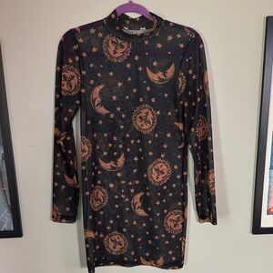 Mesh Mock Neck Dress with Sun and Moon Print